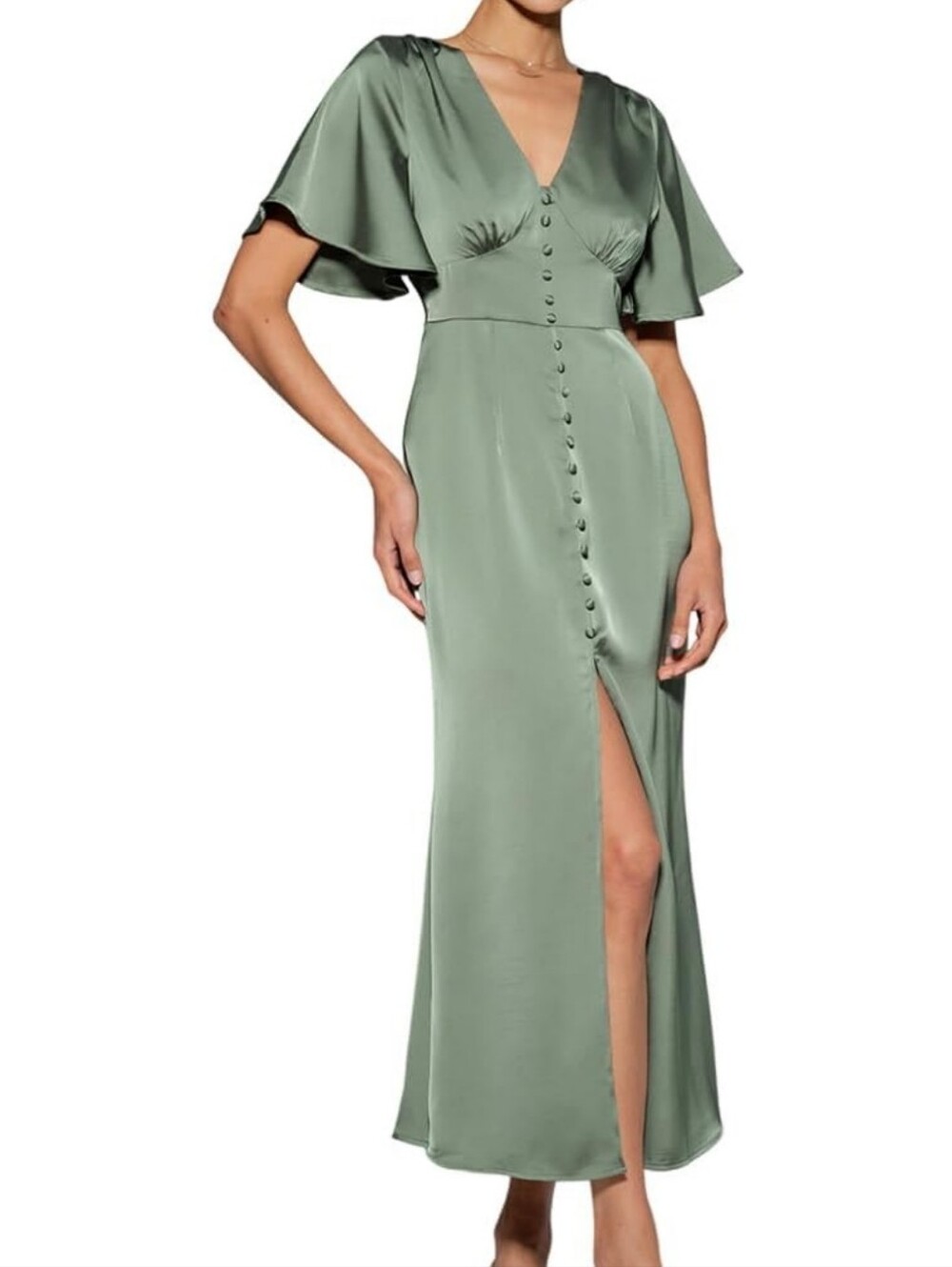 RIHOAS Sage Green Satin V-neck Flutter Sleeve Button Detail Midi Dress